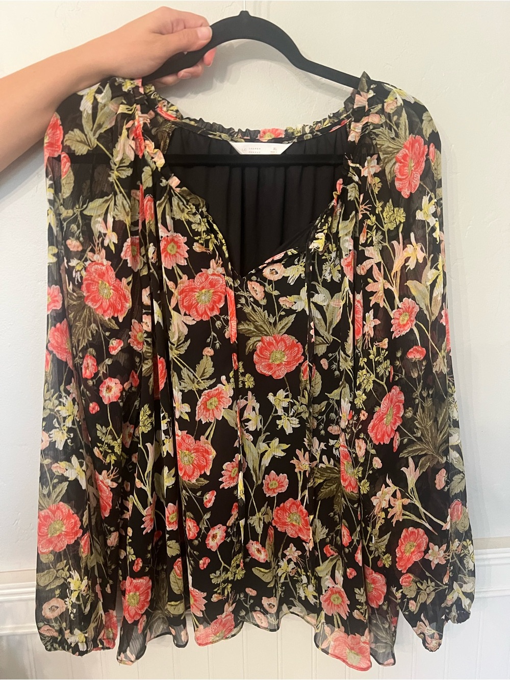 Lauren Conrad Floral Peasant Blouse - Black with Coral Flowers